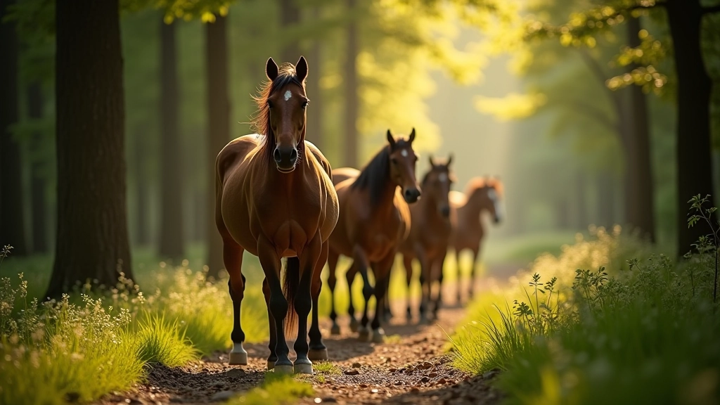 Žirgų eilė eina per miško taką Nemenčinės žirgyno aplinkoje